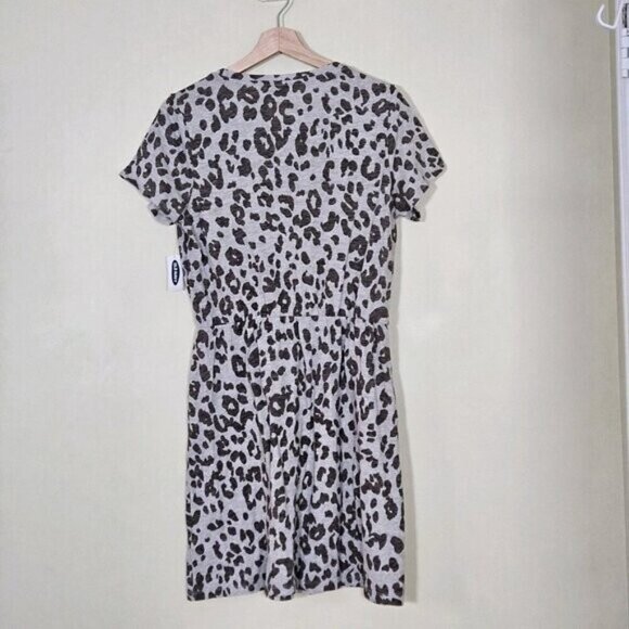 Old Navy Shirt Dress Womens M Beige Snow Leopard Cinched Waist SS Summer Cottage - Picture 2 of 16